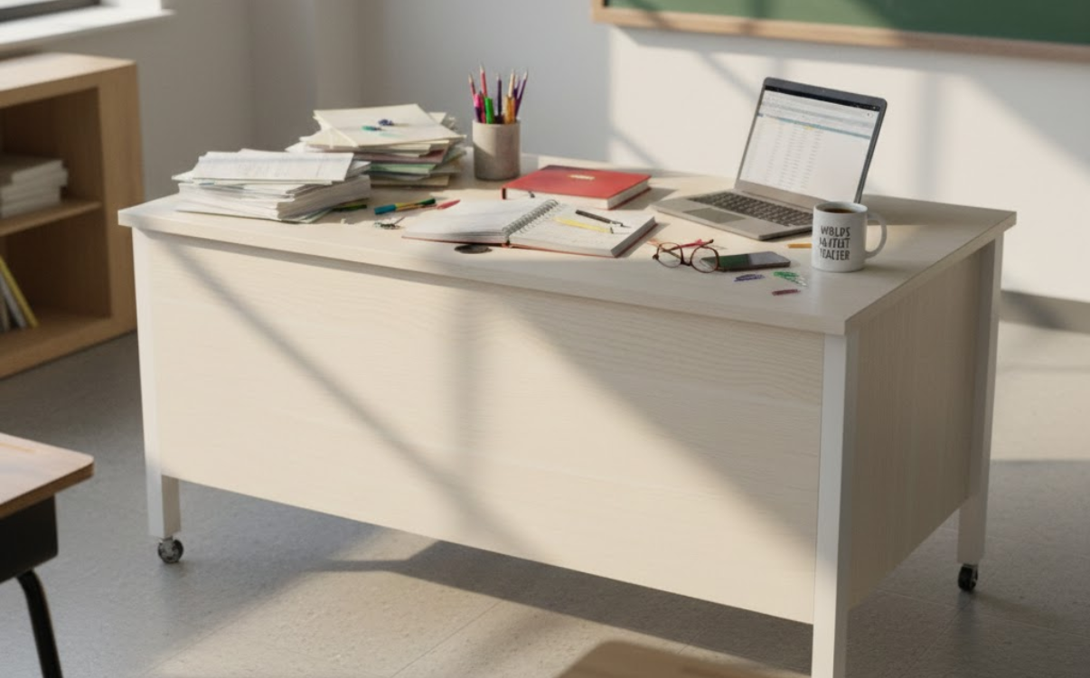 Steel-leg teacher desks with neat and sturdy designs help build a tidy and modern classroom image.