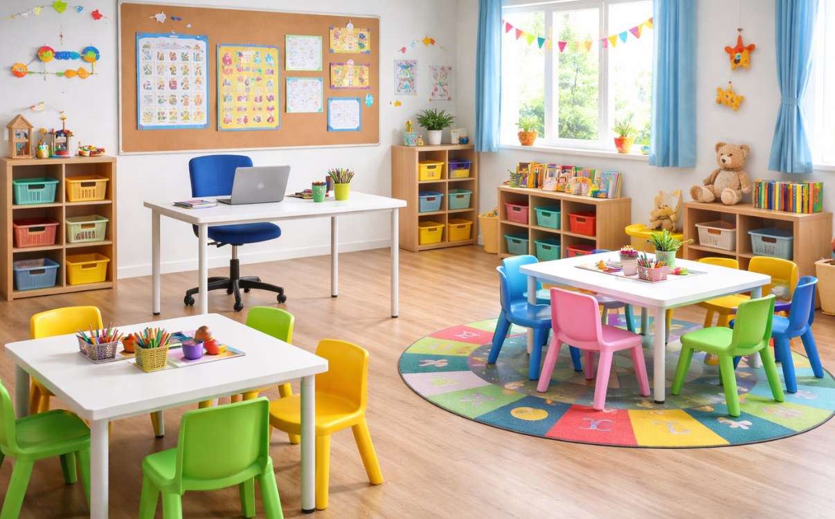 Bàn giáo viên mầm non khung thép mặt gỗ với thiết kế gọn gàng, chắc chắn, bền đẹp, phù hợp cho không gian lớp học mầm non hiện đại.