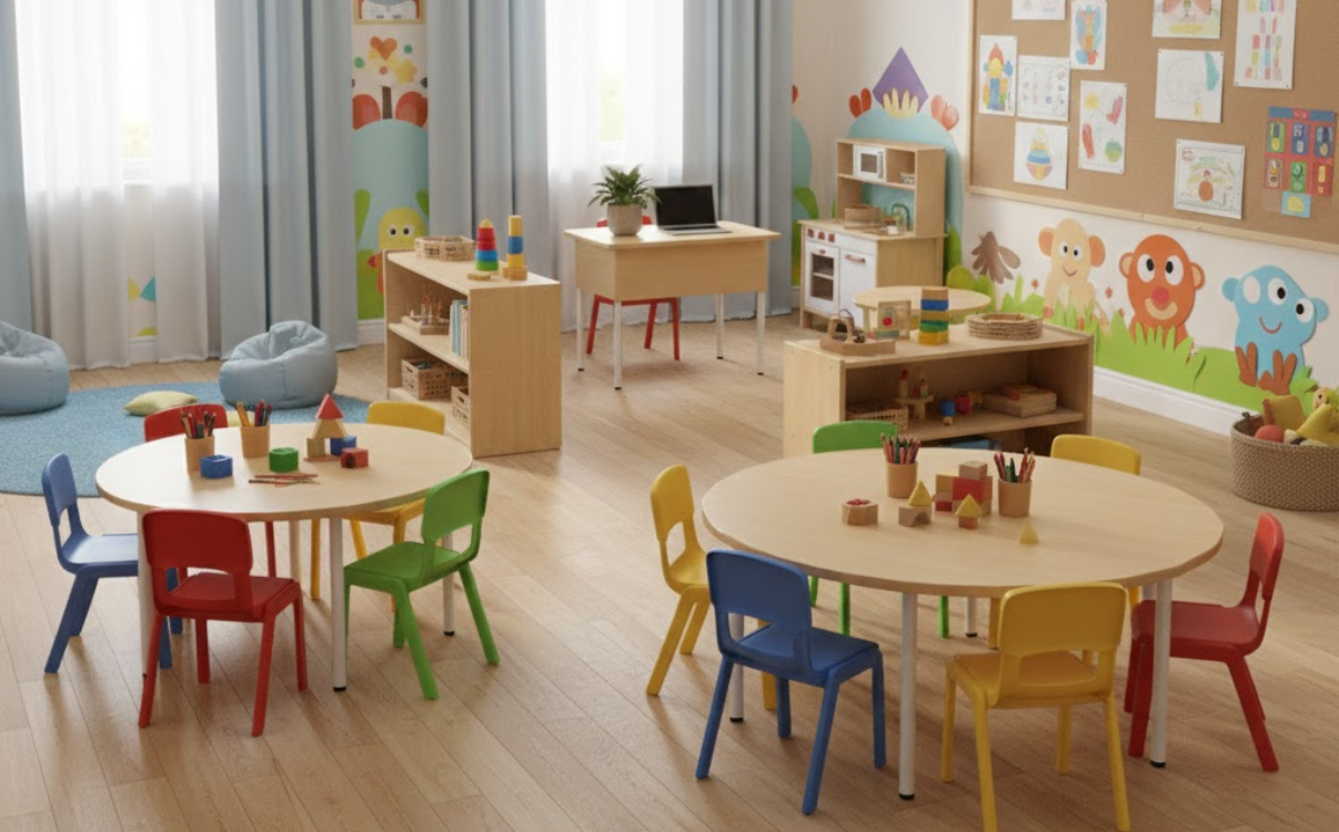 Bàn giáo viên mầm non bằng gỗ mang lại cảm giác ấm áp, an toàn với thiết kế bo góc tròn, phù hợp cho môi trường lớp học mầm non.