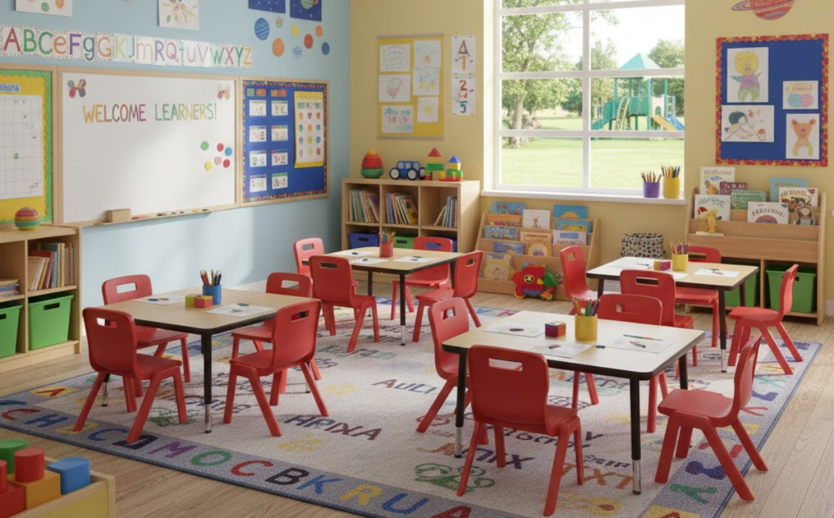 Hệ thống ghế học sinh chất lượng giúp lớp học tiểu học gọn gàng, an toàn và nâng cao hình ảnh chuyên nghiệp của nhà trường.