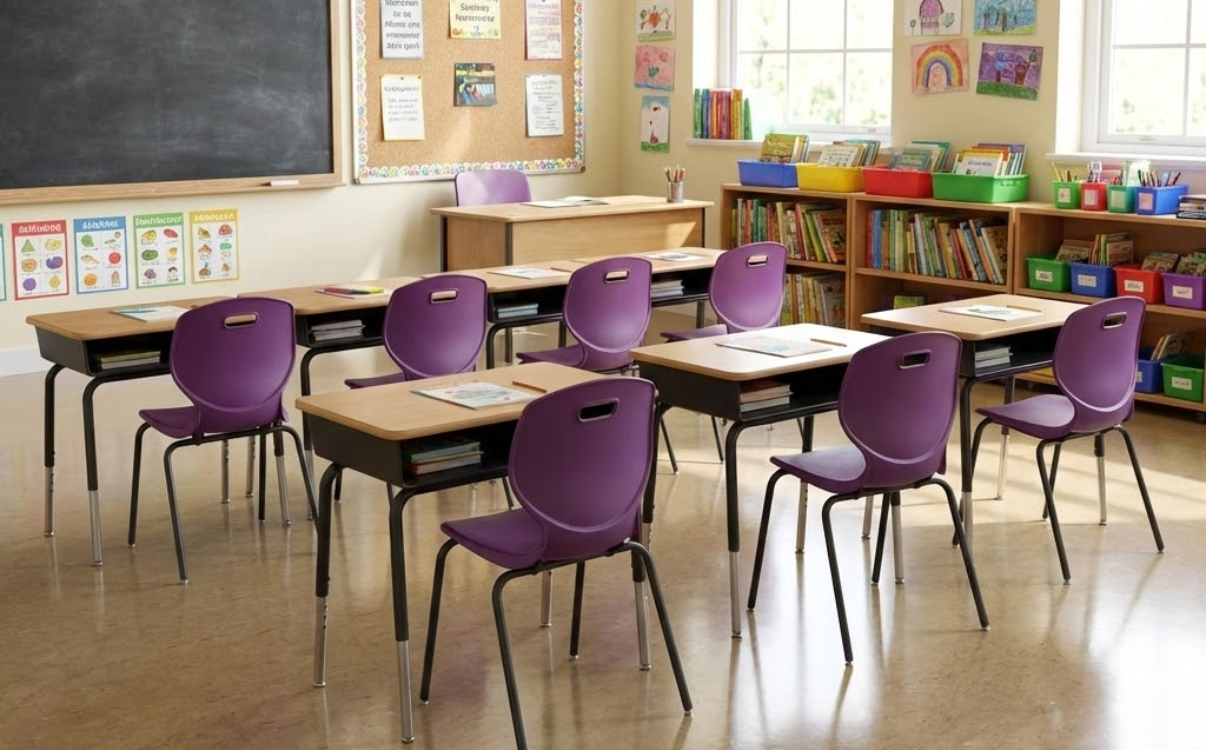 Mẫu ghế học sinh tiểu học 4 chân chắc chắn, thiết kế ổn định và đồng bộ, phù hợp triển khai cho lớp học tiêu chuẩn trong các dự án trường học hiện đại.