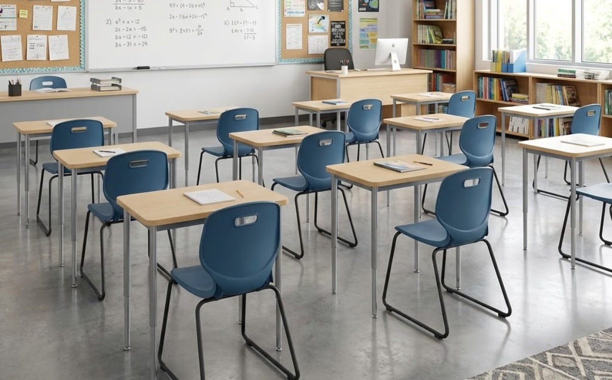 Mẫu ghế học sinh THCS chân chống trượt thiết kế chắc chắn, an toàn và ổn định, phù hợp cho lớp học có mật độ sử dụng cao.