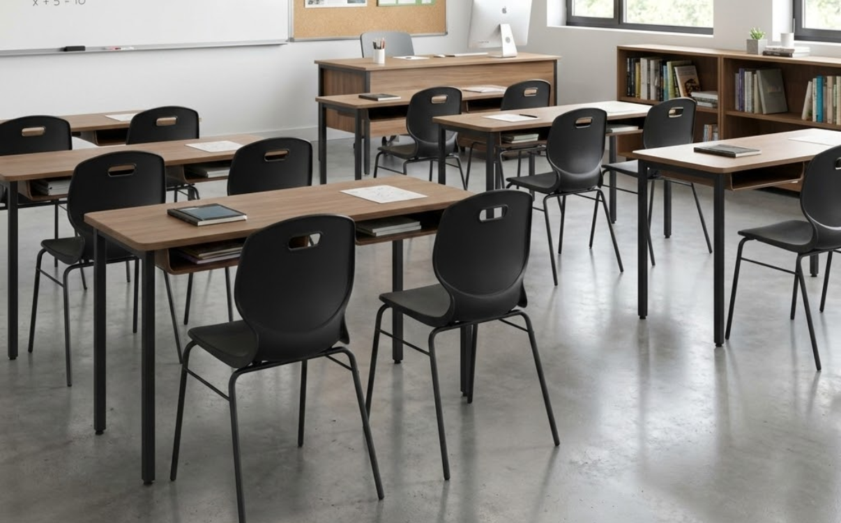 Mẫu ghế học sinh khung 4 chân có thanh gia cố chắc chắn, tăng khả năng chịu lực và độ bền, phù hợp sử dụng lâu dài trong lớp học tiêu chuẩn.