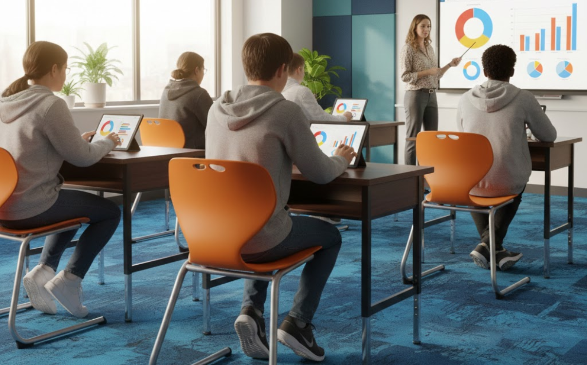 Ghế học sinh cấp 3 kiểu dáng hiện đại, màu sắc trung tính tạo không gian lớp học chuyên nghiệp.