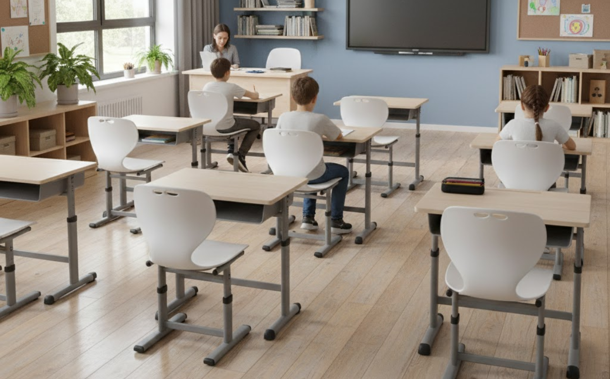 Ghế học sinh nâng hạ đồng bộ với bàn học và nội thất, tạo không gian lớp học hài hòa.