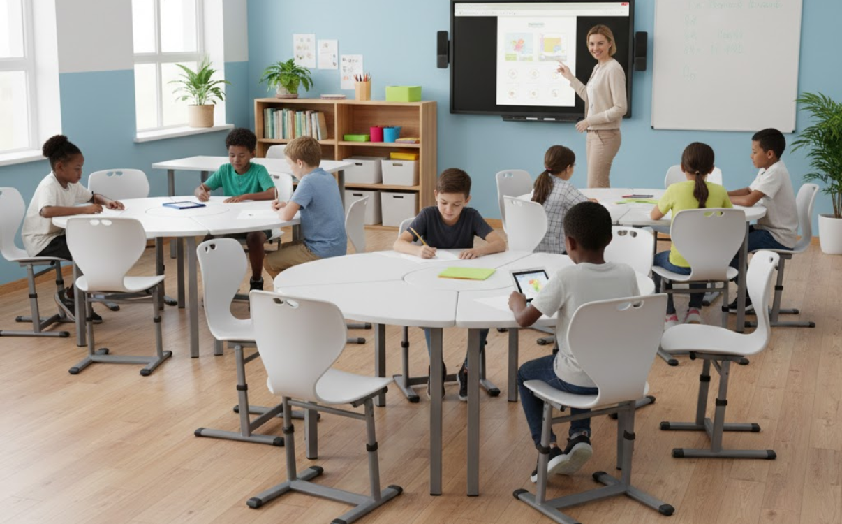 Ghế phòng học nâng hạ kiểu dáng gọn gàng, hiện đại, phù hợp nhiều không gian lớp học.