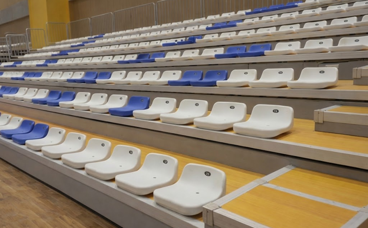 Hệ thống ghế khán đài bố trí theo bậc, đảm bảo tầm nhìn và an toàn cho khán giả.