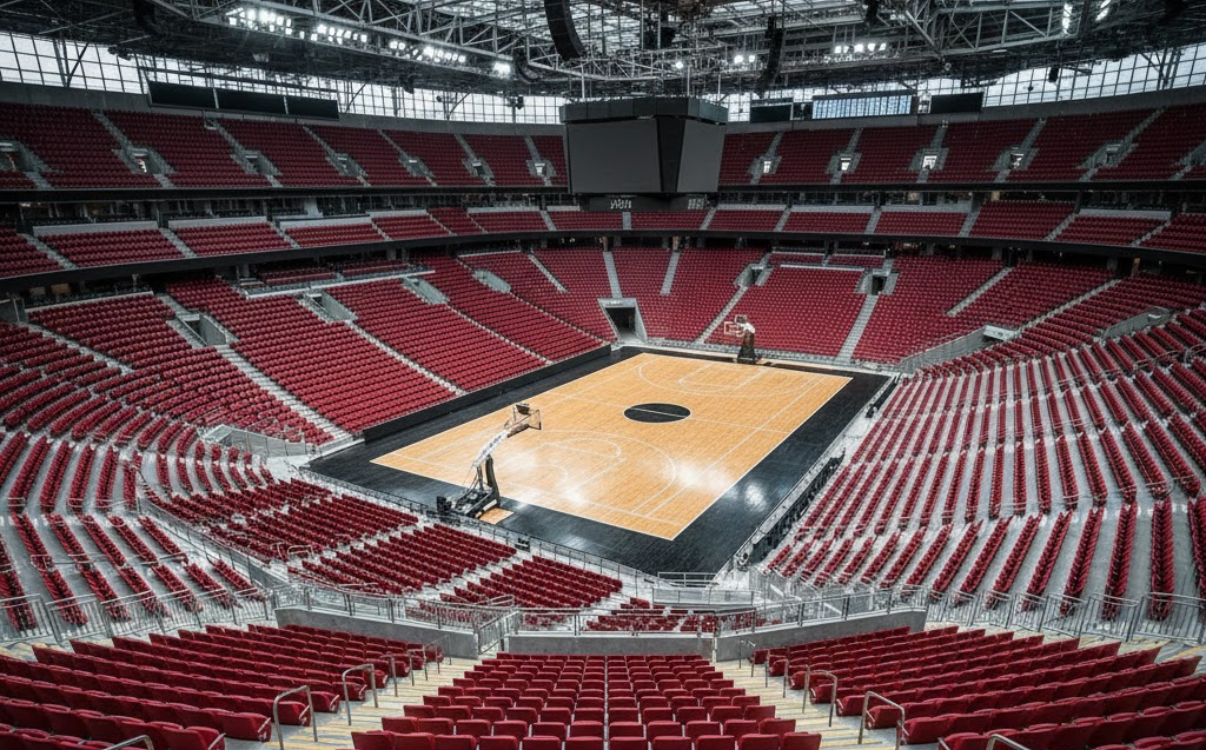 Ghế khán đài có thiết kế và màu sắc đồng bộ kiến trúc, góp phần tạo nên không gian nhà thi đấu hiện đại, chuyên nghiệp và thẩm mỹ.