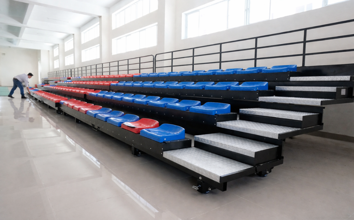 Hệ thống ghế khán đài lắp đặt theo khung chắc chắn, bố trí đồng bộ, phù hợp cho nhà thi đấu và không gian công cộng sử dụng lâu dài.