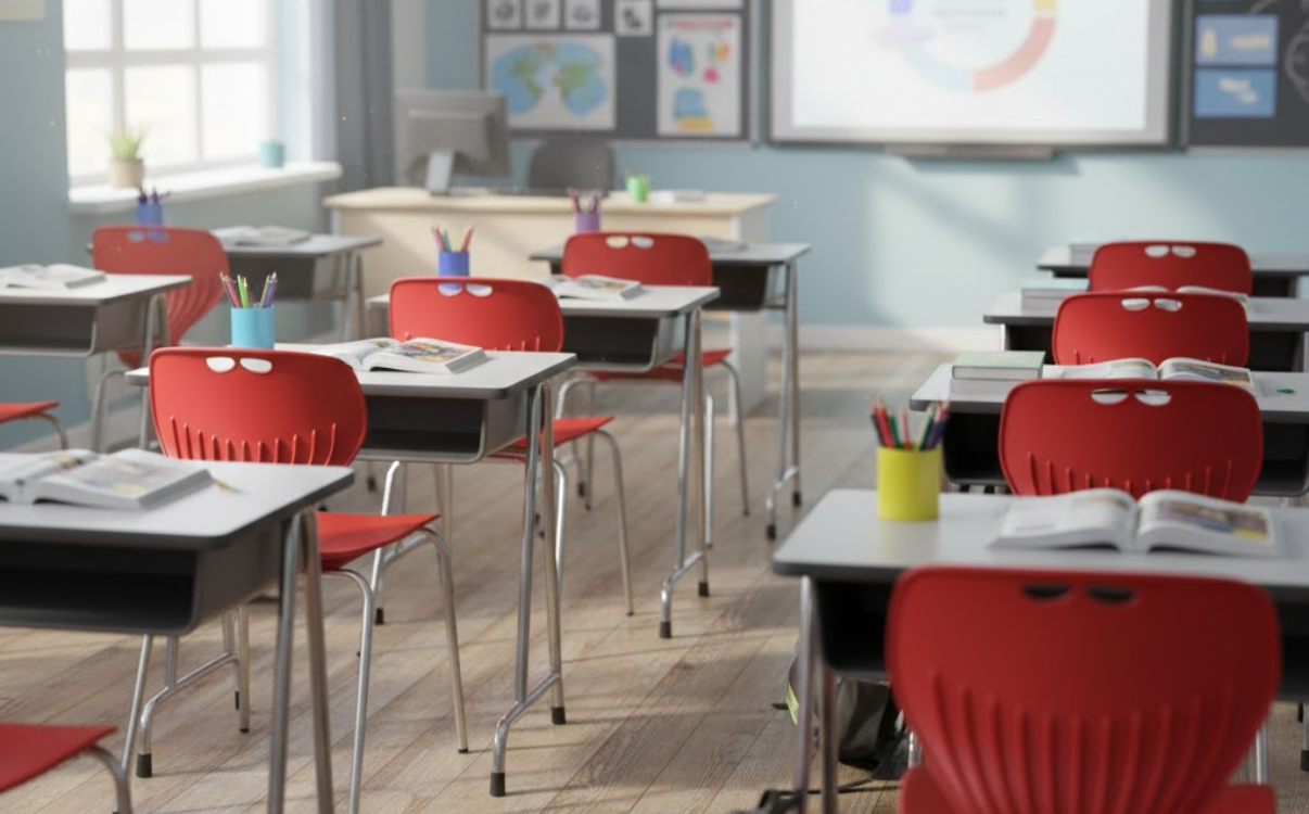 Ghế phòng học thiết kế chắc chắn, bố trí theo hàng lối giúp lớp học truyền thống gọn gàng, đồng bộ và dễ quản lý.