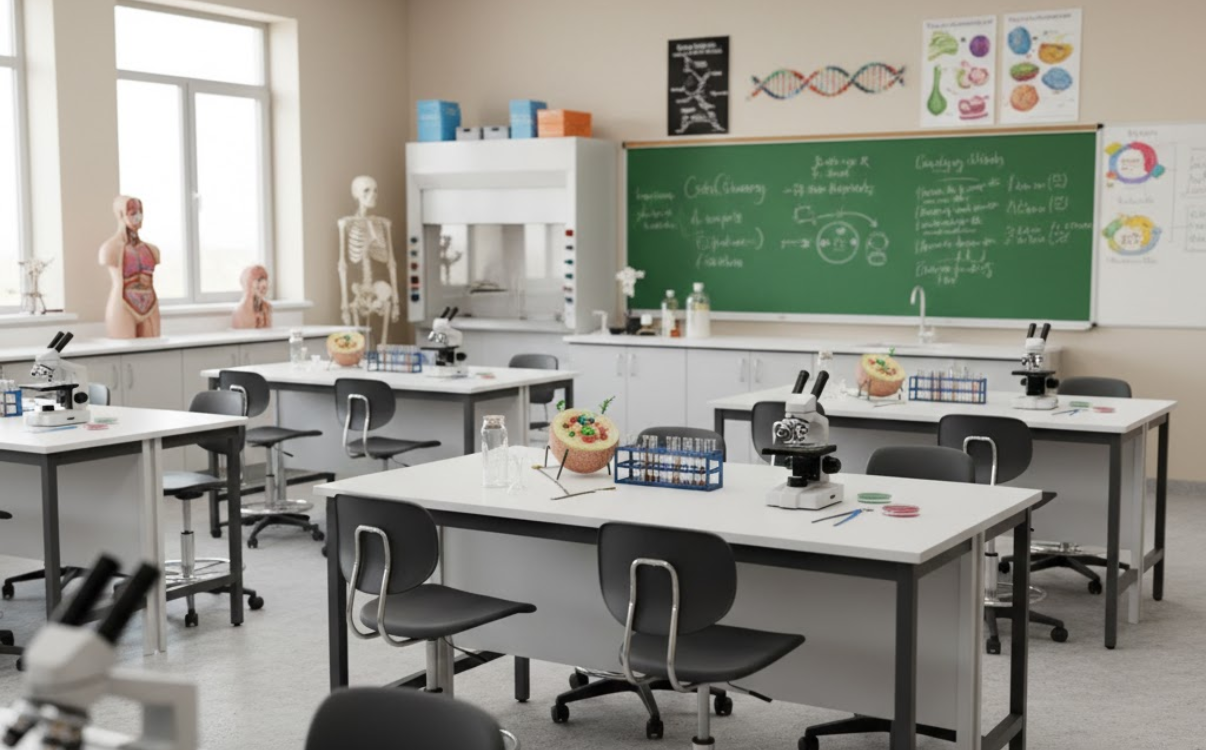 Ghế phòng thí nghiệm cho phòng sinh học với bề mặt không thấm nước, dễ lau chùi, giúp đảm bảo vệ sinh và an toàn trong quá trình thực hành.