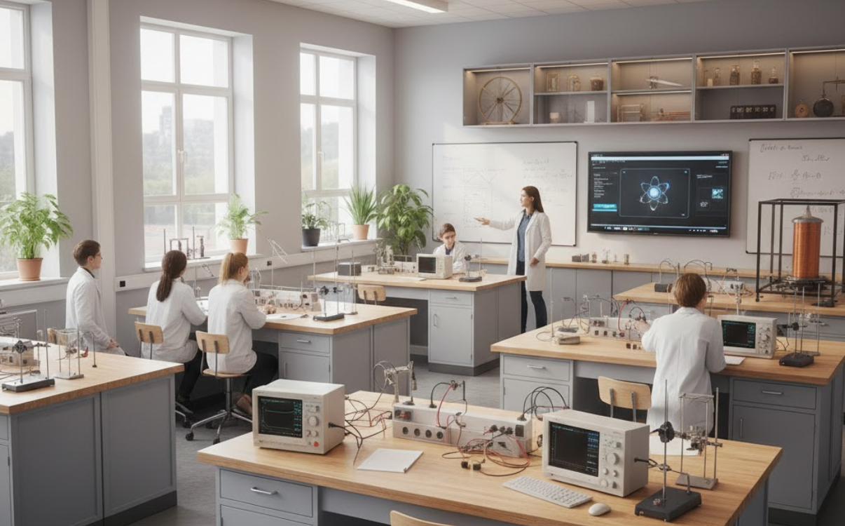 Ghế phòng thí nghiệm cho phòng vật lý có kết cấu chắc chắn, chịu lực tốt, đảm bảo an toàn khi học sinh thao tác với thiết bị và mô hình thí nghiệm.