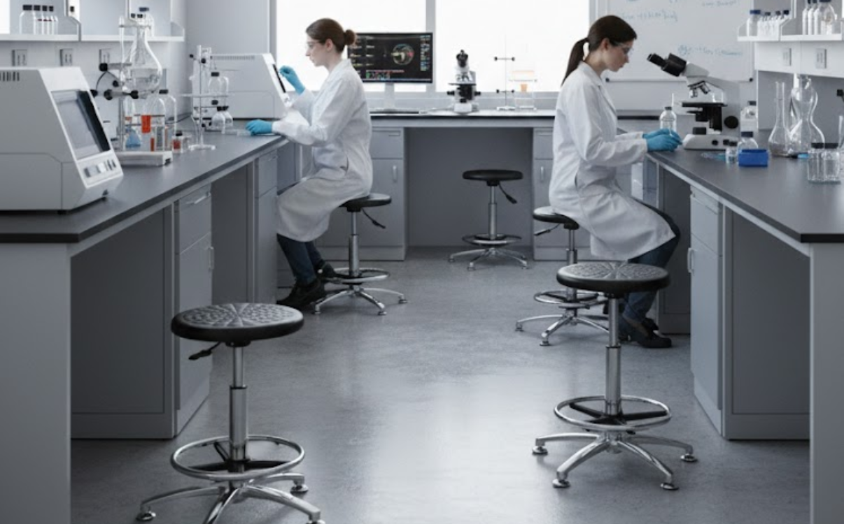 Ghế phòng thí nghiệm không tựa với thiết kế gọn nhẹ, linh hoạt, phù hợp cho các buổi thực hành ngắn và không gian cần bố trí linh động.