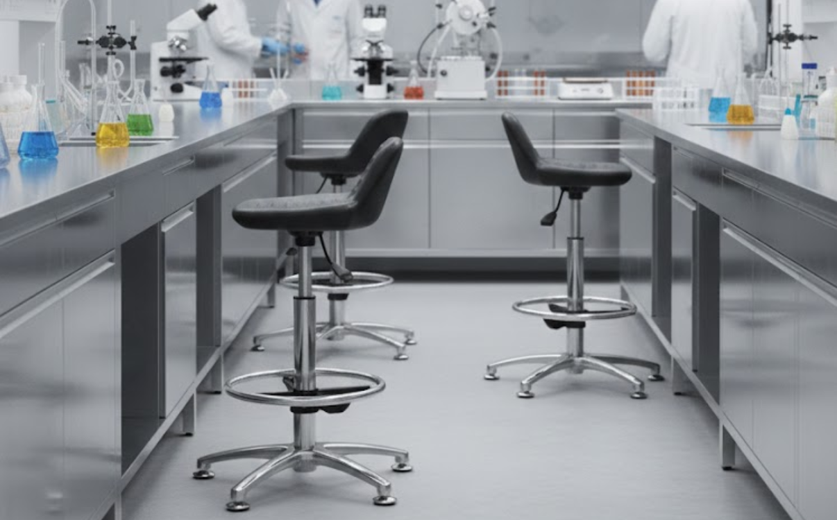 Ghế phòng thí nghiệm có tựa lưng giúp hỗ trợ tư thế ngồi, giảm mỏi lưng, phù hợp cho các buổi thực hành và tiết học kéo dài.