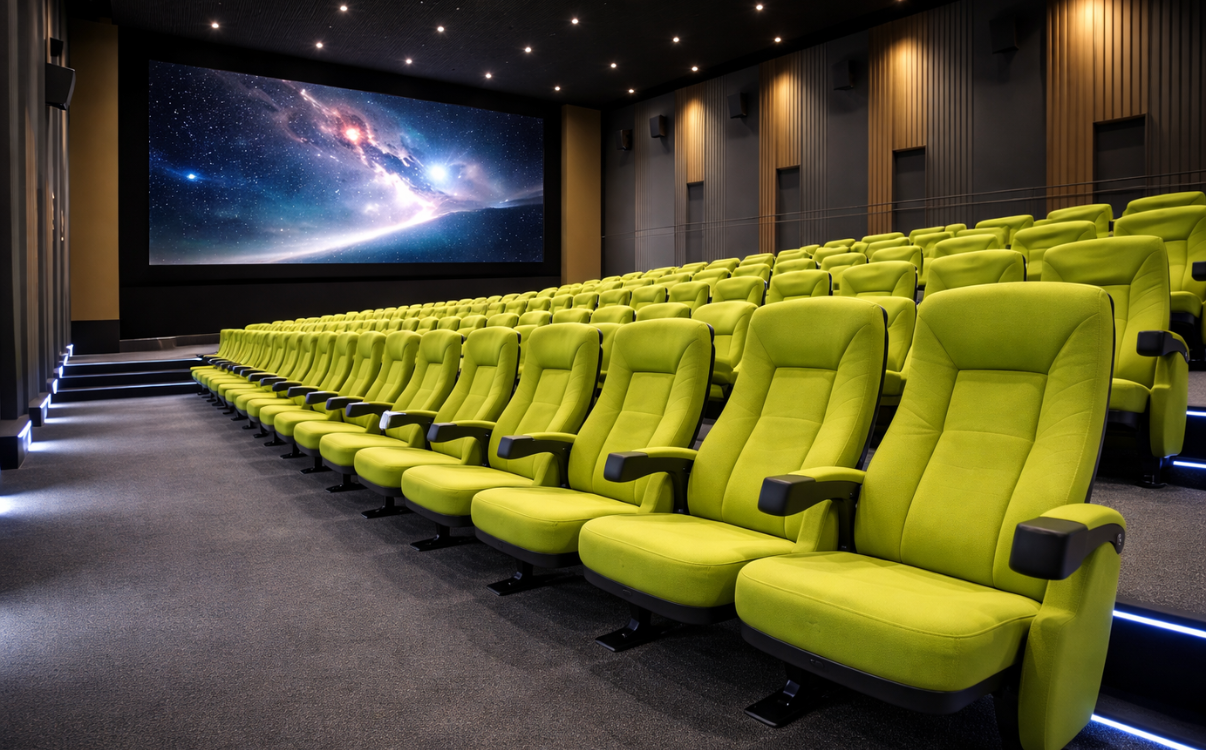 Ghế rạp chiếu phim tiêu chuẩn như dòng Othen có thiết kế gọn gàng, đồng bộ, khung chắc chắn và đệm êm ái, giúp tối ưu số lượng chỗ ngồi, tận dụng diện tích phòng chiếu và mang lại sự thoải mái cho người xem.