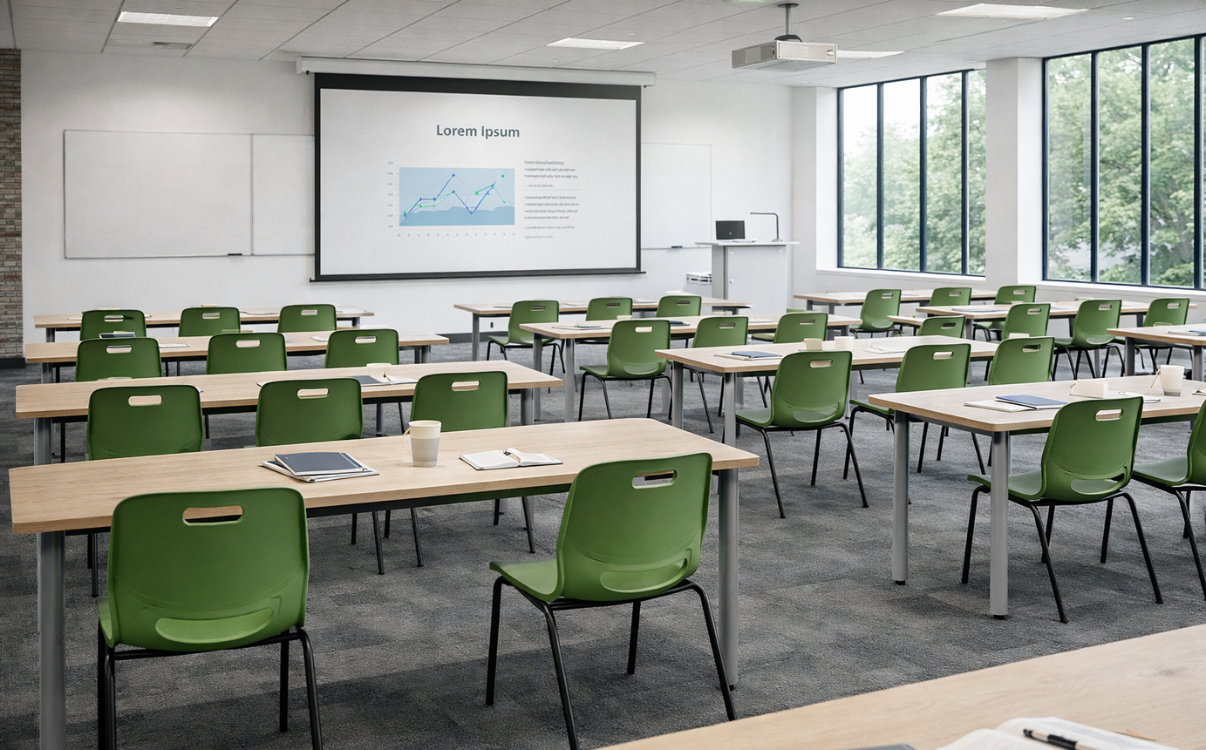 Ghế phòng học gọn nhẹ, linh hoạt giúp dễ dàng tổ chức học nhóm, thảo luận và tăng cường tương tác trong lớp học đại học.