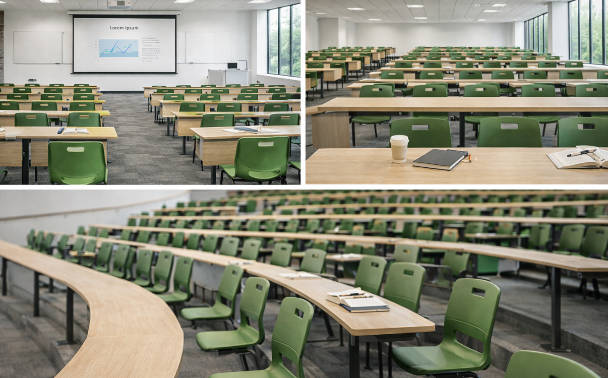 Ghế sinh viên liền bàn giúp tối ưu không gian và đảm bảo trật tự cho các giảng đường đại học quy mô lớn.