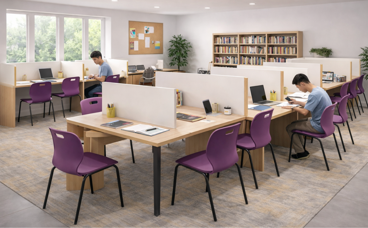 Ghế sinh viên được sắp xếp theo cụm nhỏ, linh hoạt, tạo không gian học nhóm hiệu quả trong thư viện và phòng tự học.