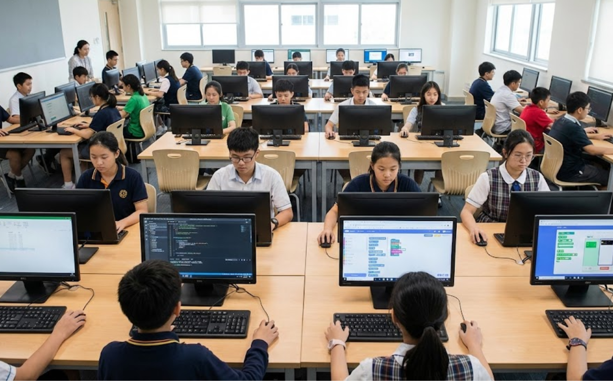 Bàn máy tính cho học sinh THCS trong phòng tin học, kích thước chuẩn giúp duy trì tư thế ngồi đúng và nâng cao hiệu quả học tập.