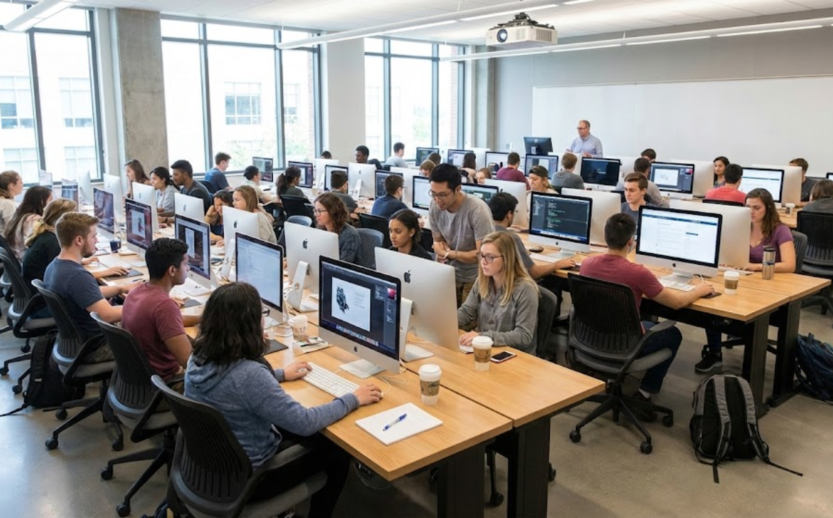 Bàn máy tính Domain cho sinh viên trong phòng học đại học, thiết kế chắc chắn và mặt bàn rộng giúp duy trì tư thế ngồi đúng và tập trung học tập.