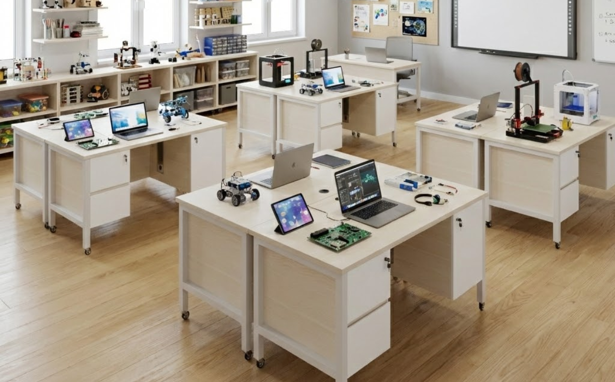 Bàn máy tính cho phòng STEM và phòng lab với mặt bàn rộng, giúp sắp xếp thiết bị gọn gàng và hỗ trợ học tập theo dự án.