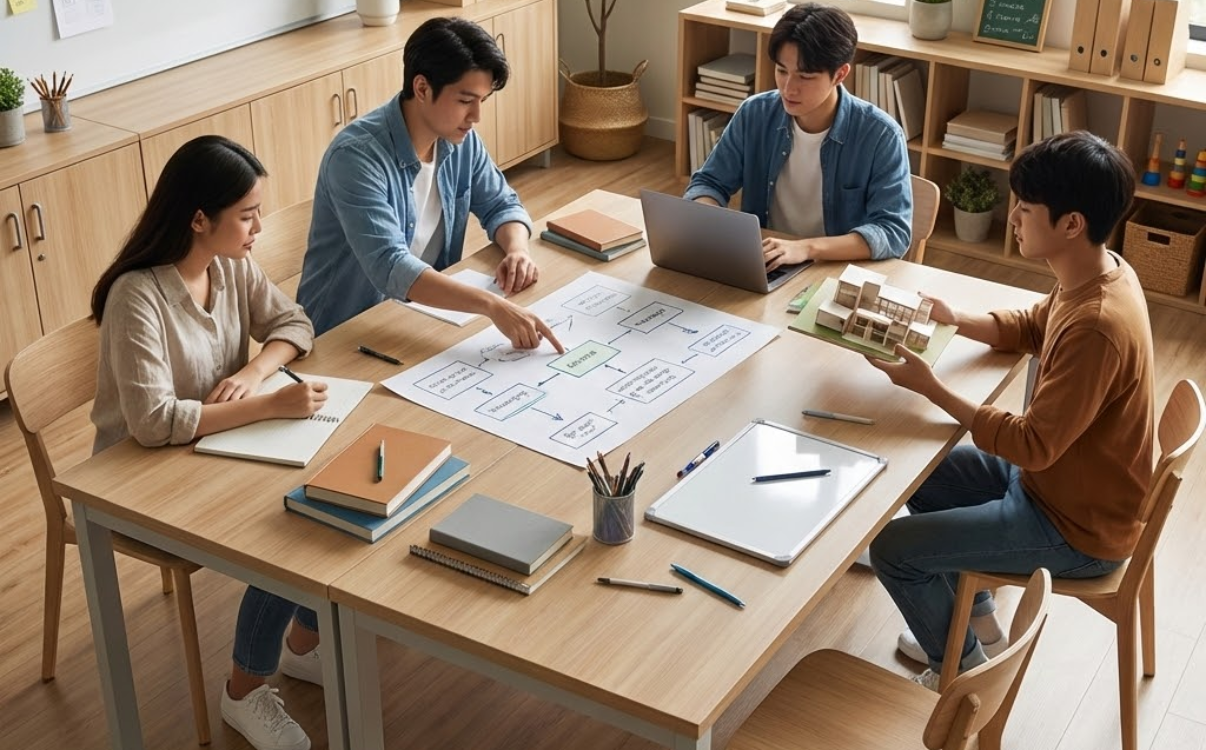 Không gian bàn rộng hỗ trợ học sinh cùng chia sẻ thiết bị và thực hiện dự án nhóm hiệu quả.