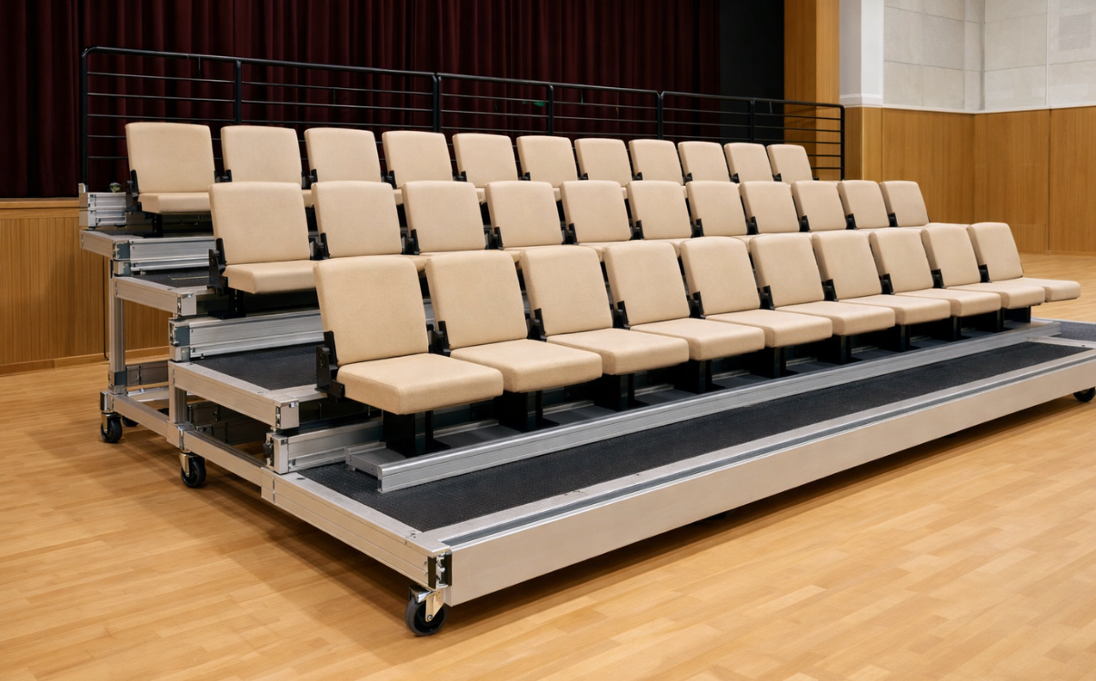 Ghế khán đài Mono 01 có thiết kế bọc nệm êm ái, kiểu dáng hiện đại và gọn gàng, phù hợp cho các nhà thi đấu hoặc sự kiện trong nhà cần sự thoải mái và tính đồng bộ trong bố trí khán đài.