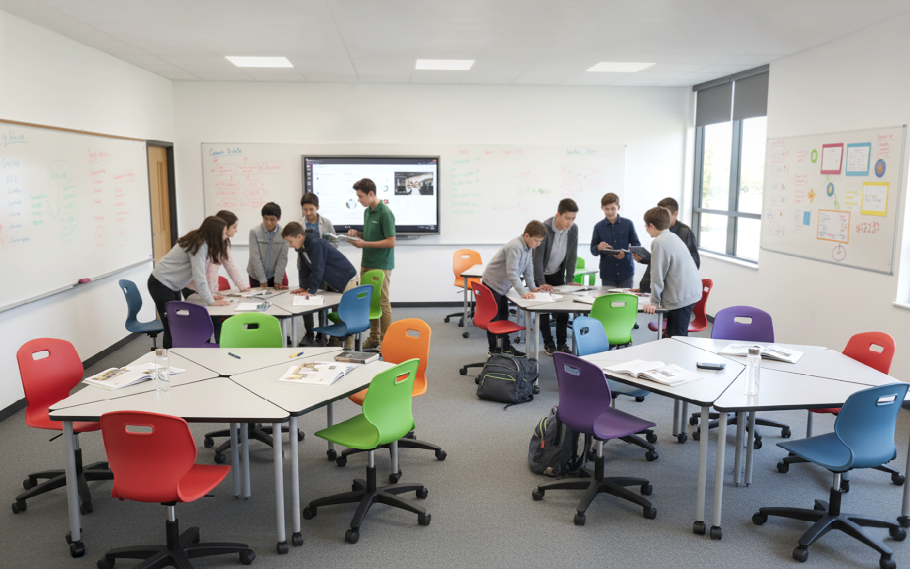 Không gian lớp học hiện đại với bàn ghế di động, linh hoạt được sắp xếp thành các nhóm nhỏ (Active Learning), thể hiện môi trường học tập chủ động, hỗ trợ thảo luận và nâng cao hiệu suất sử dụng không gian.