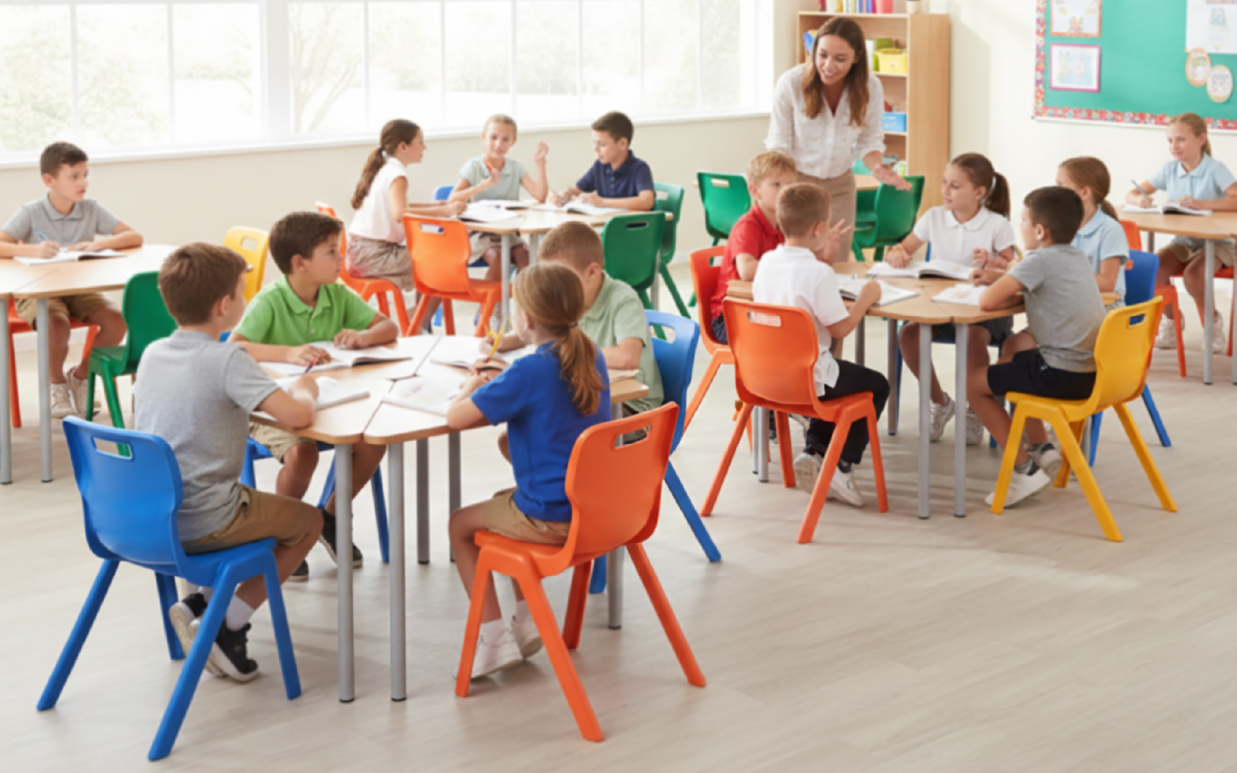 Không gian lớp học linh hoạt đa năng, nơi các nhóm học sinh đang làm việc tại các cụm bàn ghế dễ di chuyển, thể hiện khả năng chuyển đổi từ phòng học lý thuyết sang khu vực thảo luận dự án hoặc workshop.