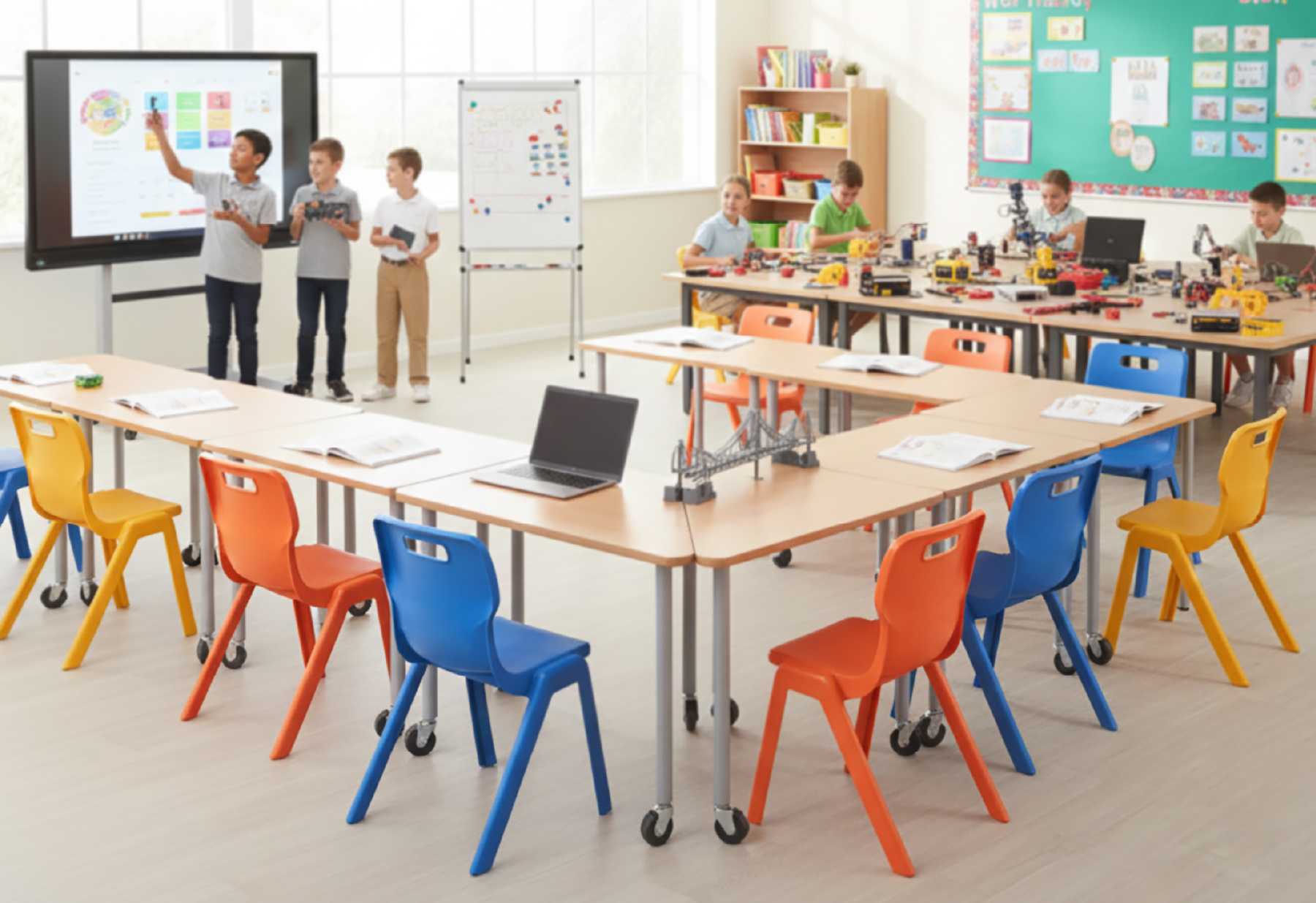 Lớp học Active Learning với bàn ghế có bánh xe, Hình ảnh lớp học Active Learning với bàn ghế có bánh xe, thể hiện khả năng chuyển đổi bố cục nhanh chóng từ hàng lối sang nhóm thảo luận, hỗ trợ học sinh chủ động khám phá kiến thức.