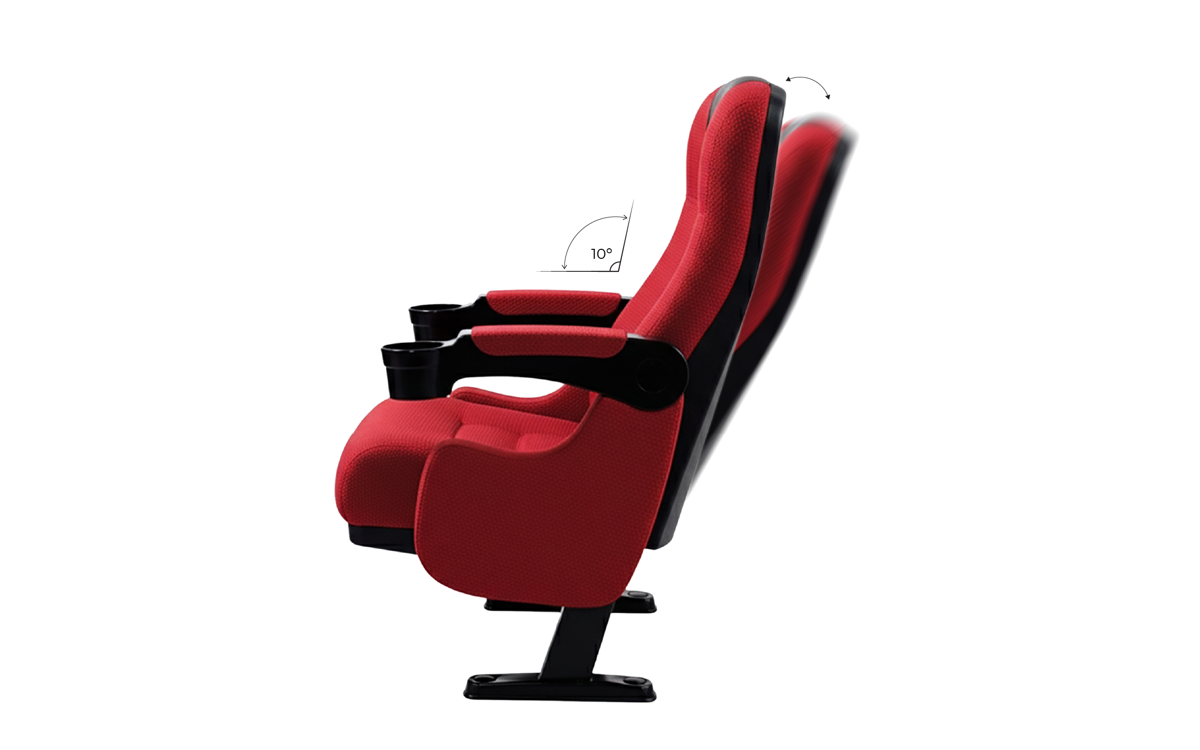 Ghế rạp phim công thái học với lưng ngả 8–10 độ, ôm trọn đường cong cột sống như một bàn tay vô hình nâng đỡ cơ thể và cảm xúc người xem.