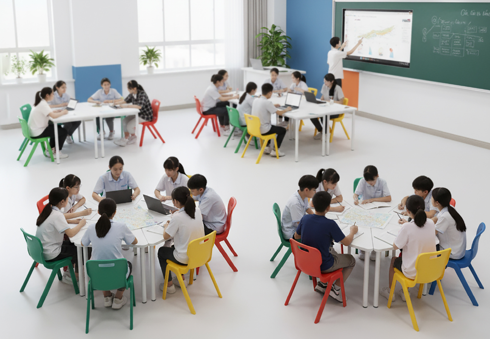 Hình ảnh mô phỏng 3D một không gian học tập Active Learning hiện đại, nhiều màu sắc, với các khu vực linh hoạt khuyến khích sự tương tác và sáng tạo.