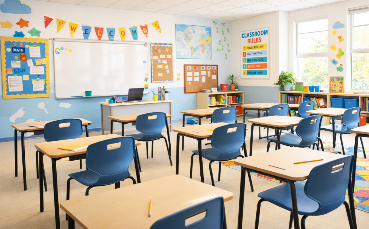 Student chairs with sturdy powder-coated metal frames ensure durability, safety, and stable use in a high-frequency school environment.